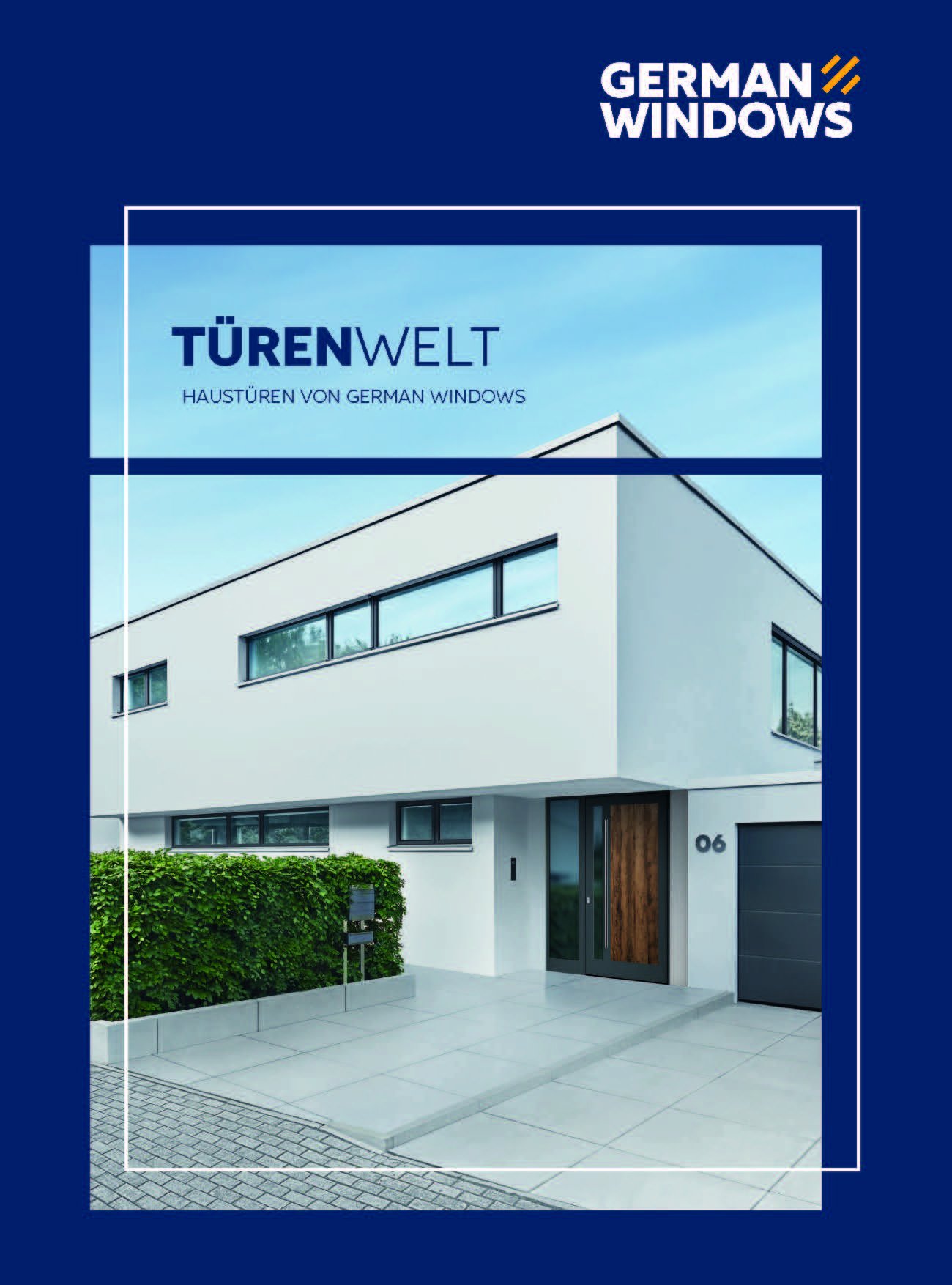 Titelseite des Katalogs 'TÜRENWELT' von GERMAN WINDOWS zeigt ein modernes Haus mit einer Haustür aus Holz und einer Garage mit grauem Tor. Über dem Bild steht in großen Buchstaben 'TÜRENWELT' und darunter 'HAUSTÜREN VON GERMAN WINDOWS'. Das Firmenlogo ist oben rechts platziert.